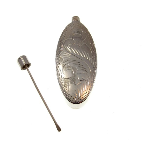 Solid 925 Sterling Silver Etched Oval Perfume Bottle / Flask with Dip Stick - Picture 6 of 6